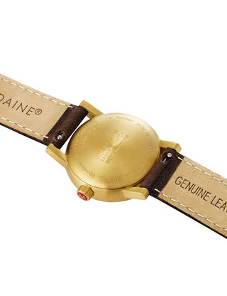 Angle shot of Mondaine MSE.30112.LG Silver Dial Brown Leather Womens Watch on white background