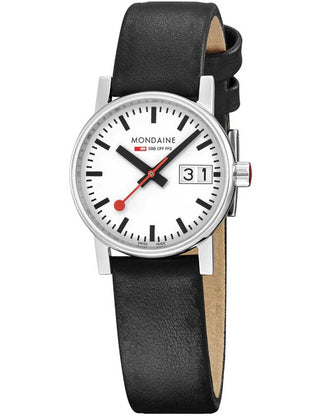 Angle shot of Mondaine MSE.30210.LCV.SET White Dial Black Leather Womens Watch on white background