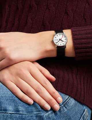 Angle shot of Mondaine MSE.30210.LCV.SET White Dial Black Leather Womens Watch on white background