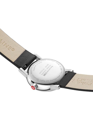 Angle shot of Mondaine MSE.30210.LBV White Dial Black Leather Womens Watch on white background