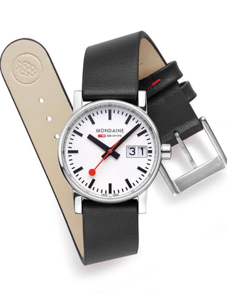 Angle shot of Mondaine MSE.30210.LBV White Dial Black Leather Womens Watch on white background