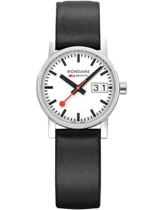 Front view of Mondaine MSE.30210.LBV White Dial Black Leather Womens Watch on white background