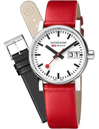 Front view of Mondaine MSE.30210.LCV.SET White Dial Black Leather Womens Watch on white background