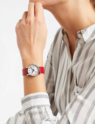 Angle shot of Mondaine MSE.30210.LCV.SET White Dial Black Leather Womens Watch on white background