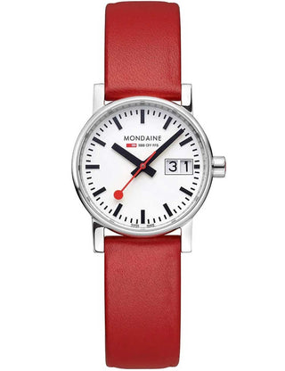 Angle shot of Mondaine MSE.30210.LCV.SET White Dial Black Leather Womens Watch on white background