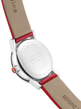 Angle shot of Mondaine MSE.30210.LC White Dial Leather Womens Watch on white background