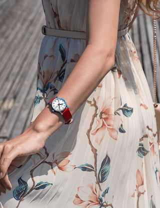 Angle shot of Mondaine MSE.30210.LCV.SET White Dial Black Leather Womens Watch on white background