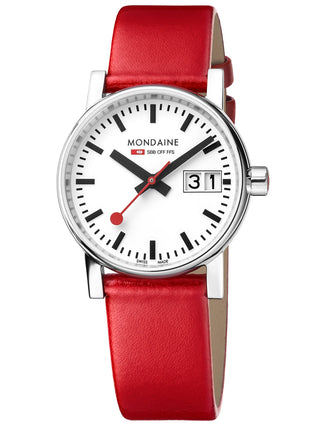 Angle shot of Mondaine MSE.30210.LC White Dial Leather Womens Watch on white background