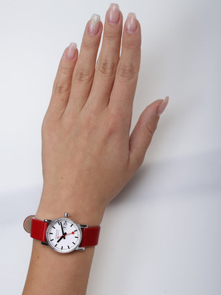 Angle shot of Mondaine MSE.30210.LC White Dial Leather Womens Watch on white background