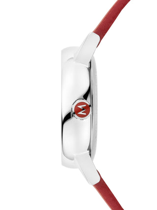 Angle shot of Mondaine MSE.30210.LC White Dial Leather Womens Watch on white background