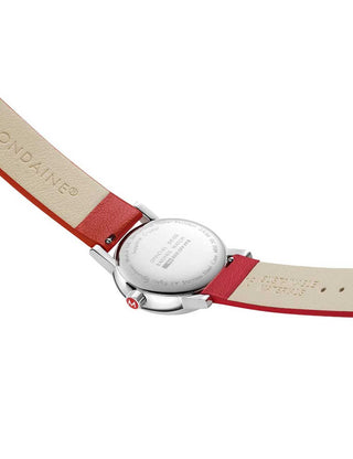Angle shot of Mondaine MSE.30210.LCV.SET White Dial Black Leather Womens Watch on white background