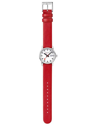 Angle shot of Mondaine MSE.30210.LCV.SET White Dial Black Leather Womens Watch on white background