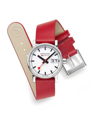 Angle shot of Mondaine MSE.30210.LCV.SET White Dial Black Leather Womens Watch on white background