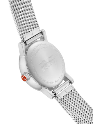 Angle shot of Mondaine MSE.30210.SM White Dial Silver Stainless Steel Womens Watch on white background