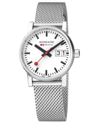 Angle shot of Mondaine MSE.30210.SM White Dial Silver Stainless Steel Womens Watch on white background