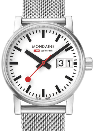 Front view of Mondaine MSE.30210.SM White Dial Silver Stainless Steel Womens Watch on white background