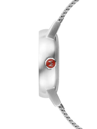 Angle shot of Mondaine MSE.30210.SM White Dial Silver Stainless Steel Womens Watch on white background