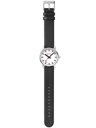 Angle shot of Mondaine MSE.35110.LBV White Dial Black Leather Womens Watch on white background