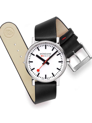 Angle shot of Mondaine MSE.35110.LBV White Dial Black Leather Womens Watch on white background