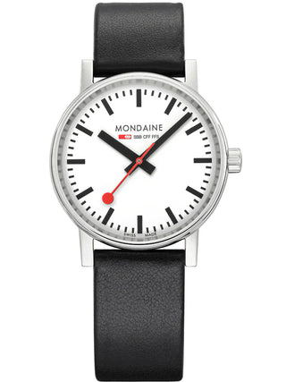 Front view of Mondaine MSE.35110.LBV White Dial Black Leather Womens Watch on white background