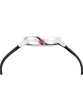 Angle shot of Mondaine MSE.35110.LBV White Dial Black Leather Womens Watch on white background