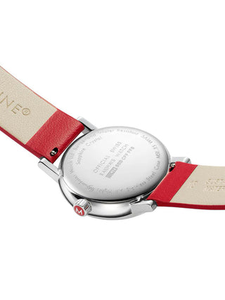 Angle shot of Mondaine MSE.35110.LCV White Dial Leather Womens Watch on white background