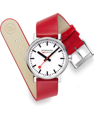 Angle shot of Mondaine MSE.35110.LCV White Dial Leather Womens Watch on white background