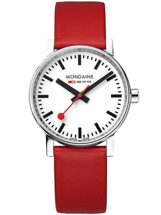 Front view of Mondaine MSE.35110.LCV White Dial Leather Womens Watch on white background
