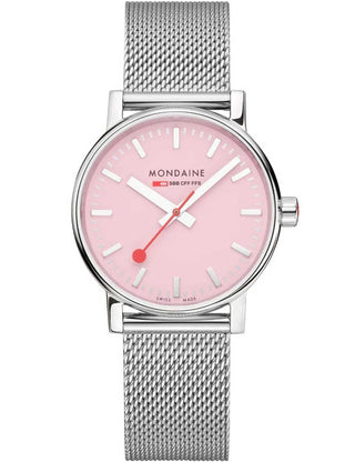 Angle shot of Mondaine MSE.35130.SM Pink Dial Silver Stainless Steel Womens Watch on white background