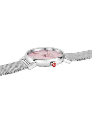 Angle shot of Mondaine MSE.35130.SM Pink Dial Silver Stainless Steel Womens Watch on white background