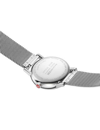 Angle shot of Mondaine MSE.35140.SM Silver Stainless Steel Unisex Watch on white background