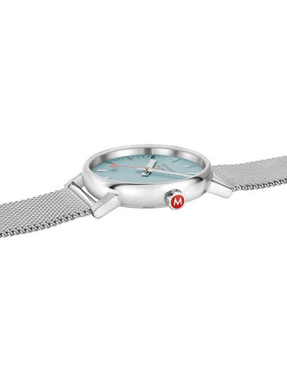 Angle shot of Mondaine MSE.35140.SM Silver Stainless Steel Unisex Watch on white background