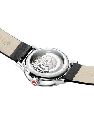 Angle shot of Mondaine MSE.35610.LBV White Dial Black Leather Womens Watch on white background