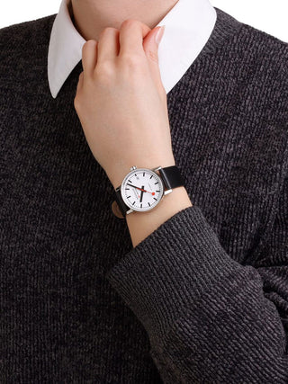 Angle shot of Mondaine MSE.35610.LBV White Dial Black Leather Womens Watch on white background