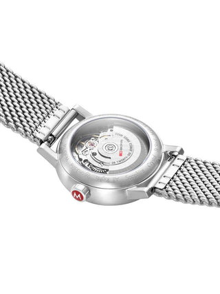 Angle shot of Mondaine MSE.35610.SM White Dial Silver Stainless Steel Womens Watch on white background