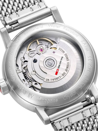 Angle shot of Mondaine MSE.35610.SM White Dial Silver Stainless Steel Womens Watch on white background