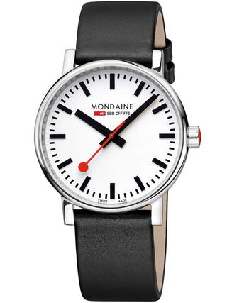 Angle shot of Mondaine MSE.40110.LBV White Dial Black Leather Unisex Watch on white background
