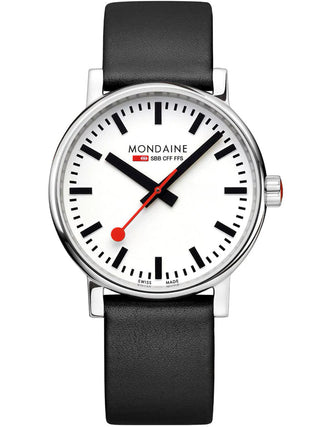 Front view of Mondaine MSE.40110.LBV White Dial Black Leather Unisex Watch on white background