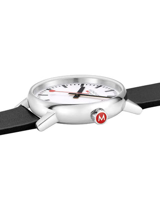 Angle shot of Mondaine MSE.40110.LBV White Dial Black Leather Unisex Watch on white background