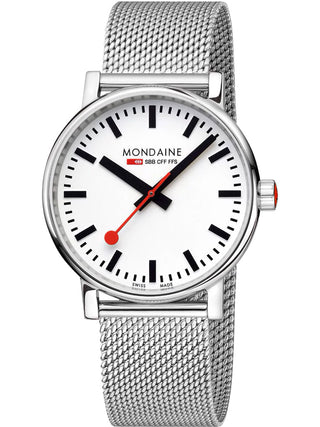 Angle shot of Mondaine MSE.40110.SM White Dial Silver Stainless Steel Unisex Watch on white background