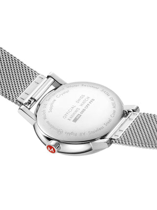 Angle shot of Mondaine MSE.40110.SM White Dial Silver Stainless Steel Unisex Watch on white background