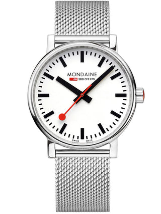 Front view of Mondaine MSE.40110.SM White Dial Silver Stainless Steel Unisex Watch on white background