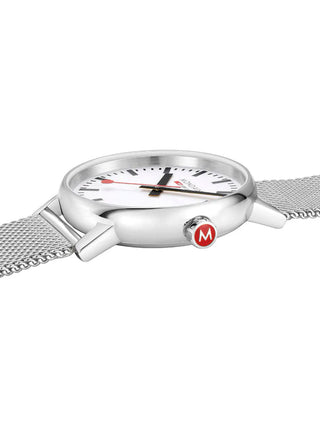 Angle shot of Mondaine MSE.40110.SM White Dial Silver Stainless Steel Unisex Watch on white background