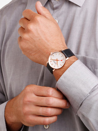Angle shot of Mondaine MSE.40112.LB White Dial Black Leather Unisex Watch on white background