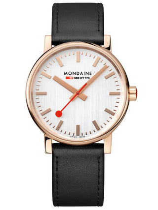 Front view of Mondaine MSE.40112.LB White Dial Black Leather Unisex Watch on white background