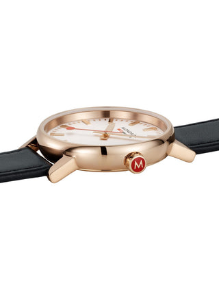 Angle shot of Mondaine MSE.40112.LB White Dial Black Leather Unisex Watch on white background