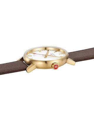 Angle shot of Mondaine MSE.40112.LG Silver Dial Brown Leather Unisex Watch on white background