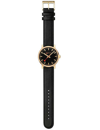 Angle shot of Mondaine MSE.40122.LB Black Leather Unisex Watch on white background