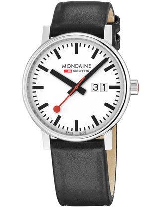 Front view of Mondaine MSE.40210.LBV White Dial Black Leather Unisex Watch on white background