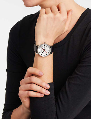 Angle shot of Mondaine MSE.40210.LBV White Dial Black Leather Unisex Watch on white background